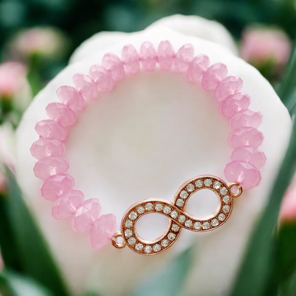 HANDMADE Pink Faceted Acrylic Beaded Bracelet With Rose Gold Infinity Charm